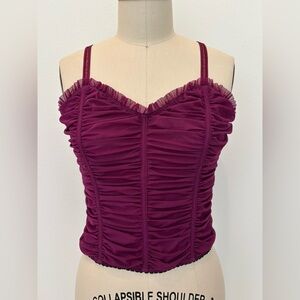 DKNY Corset Style Top Violet Ruched Soft Mesh Adjustable Straps L
